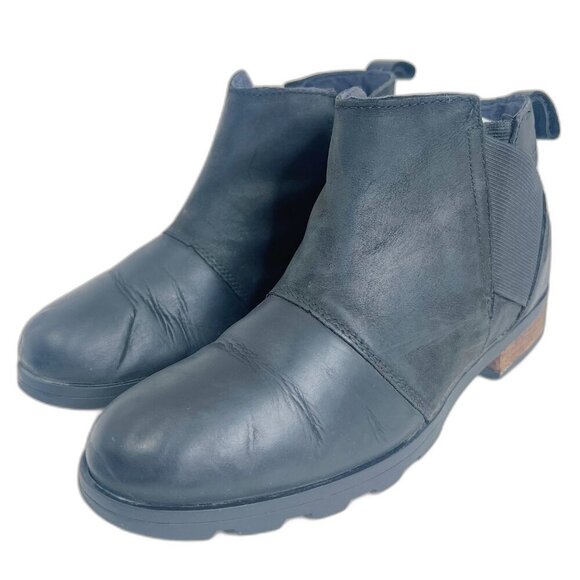 Sorel Emelie H2O Chelsea Boot Black Leather Waterproof Ankle Bootie Size 9 - Picture 3 of 10